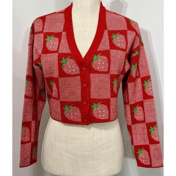ASOS Only Crop Knit Strawberry Fruit Cardigan Sweater Shrug Coquette Girly SMALL - Picture 1 of 4